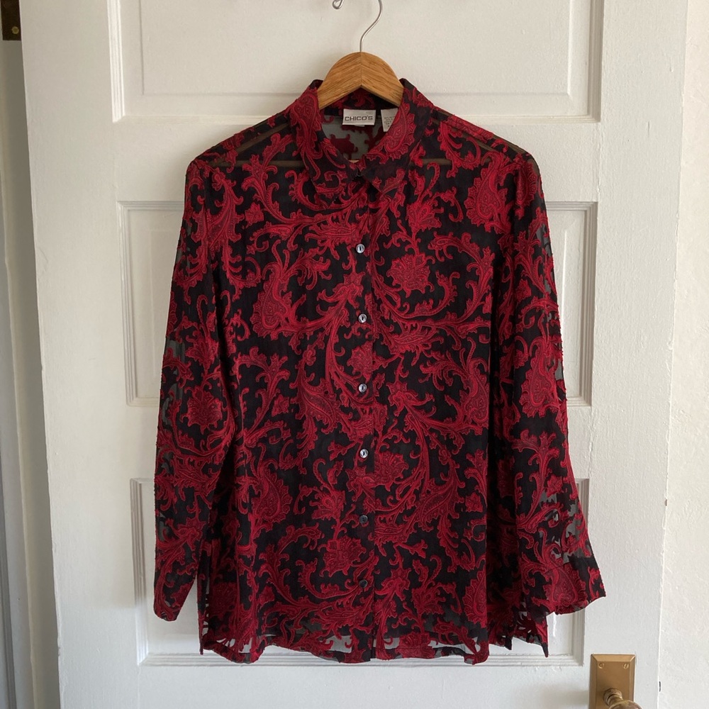 👚 [Chico’s] Silk Sheer Blouse Shirt, Chico’s Size 1, EUC